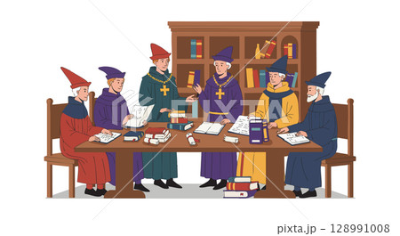 Medieval council meeting with monks discussing documents and books in library room vector illustration Medieval council meeting with monks discussing documents and books in library room vector illustration 128991008