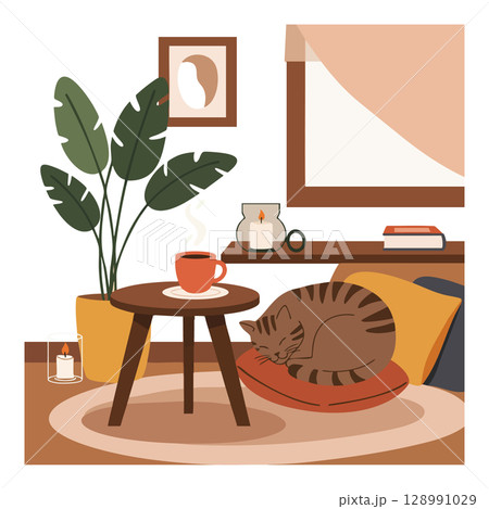 Cozy indoor scene with sleeping cat and warm coffee in living room setting 128991029