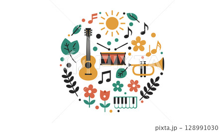 Musical instruments and nature elements with sun and notes vector illustration 128991030