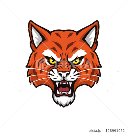 Fierce wild orange tiger head snarling with sharp teeth and yellow eyes vector illustration Fierce wild orange tiger head snarling with sharp teeth and yellow eyes vector illustration 128991032