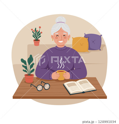 Elderly woman drinking tea and reading book in cozy home environment vector illustration 128991034