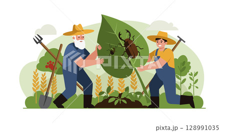 Farmers Inspecting Large Leaf With Beetle Pest Agricultural Vector Illustration 128991035