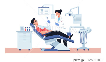Dentist examining patient in dental clinic with modern equipment and tools vector illustration 128991036