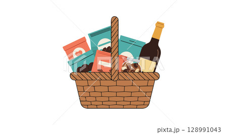 Picnic basket filled with assorted snacks and beverage in flat vector style Picnic basket filled with assorted snacks and beverage in flat vector style 128991043