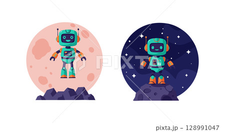 Cute robot character on moon surface day and night vector illustration 128991047