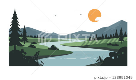 Mountain River Landscape with Pine Trees and Orange Sun Vector Illustration 128991049