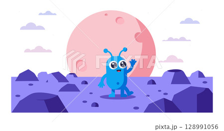 Blue alien cartoon character waving on purple rocky landscape under large pink moon vector illustration Blue alien cartoon character waving on purple rocky landscape under large pink moon vector illustration 128991056