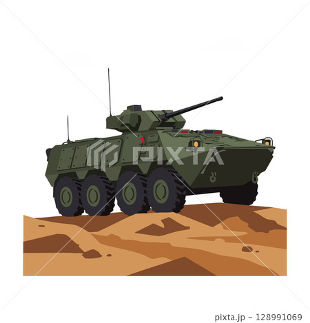 Military armored vehicle combat tank on desert terrain vector illustration 128991069