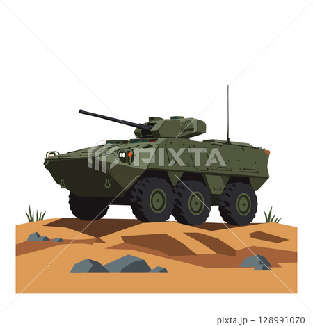 Military Armored Vehicle in Desert Terrain with Green Camouflage and Antenna Vector Illustration Military Armored Vehicle in Desert Terrain with Green Camouflage and Antenna Vector Illustration 128991070