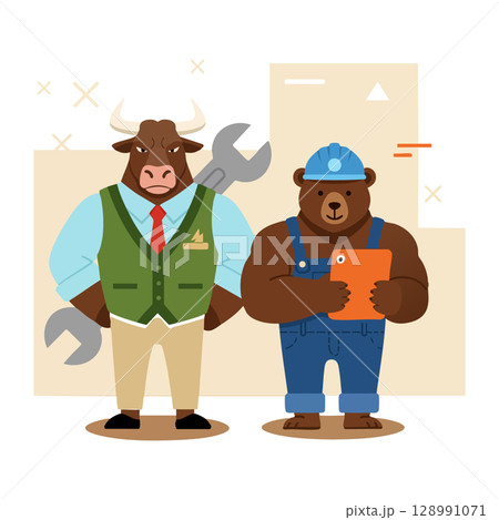 Bull businessman and bear worker holding wrench and tablet in casual workwear vector illustration Bull businessman and bear worker holding wrench and tablet in casual workwear vector illustration 128991071