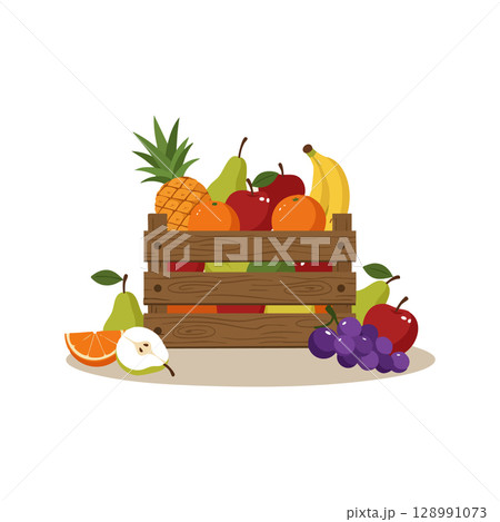 Fresh wooden crate filled with assorted fruits including pineapple pear apple banana orange grapes vector Fresh wooden crate filled with assorted fruits including pineapple pear apple banana orange grapes vector 128991073