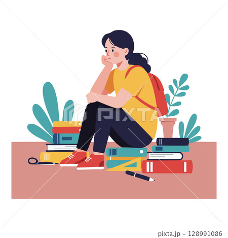 Student Sitting Thoughtful Among Books and Backpack Studying Education Concept Vector Student Sitting Thoughtful Among Books and Backpack Studying Education Concept Vector 128991086