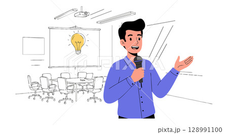 Man giving presentation with microphone in office room vector illustration 128991100