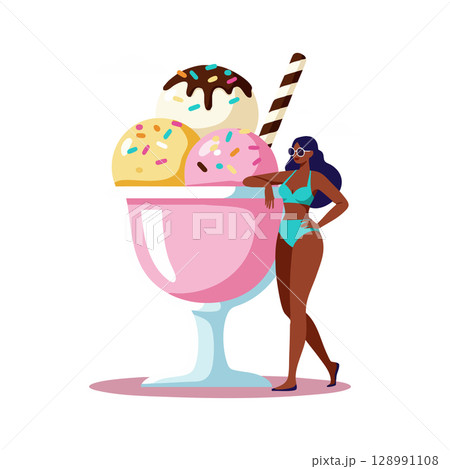 Woman in turquoise swimsuit standing near large pink ice cream sundae with sprinkles and chocolate topping vector illustration Woman in turquoise swimsuit standing near large pink ice cream sundae with sprinkles and chocolate topping vector illustration 128991108