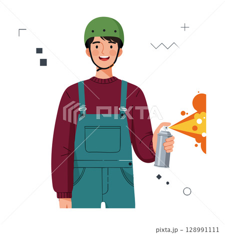 Young man in green helmet using spray paint can creating orange graffiti art vector illustration Young man in green helmet using spray paint can creating orange graffiti art vector illustration 128991111