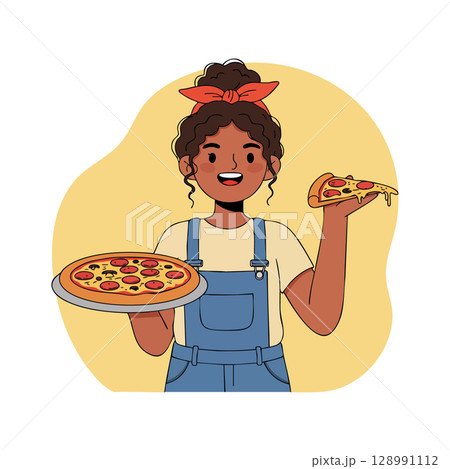 Girl holding pepperoni pizza slice and whole pizza cheerful casual style vector illustration Girl holding pepperoni pizza slice and whole pizza cheerful casual style vector illustration 128991112