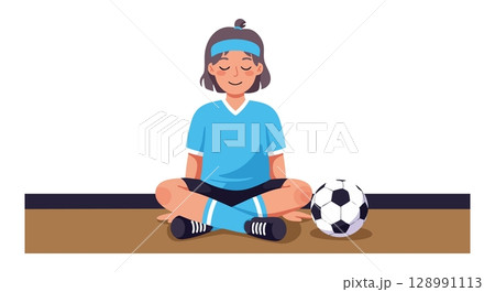 Child Meditating in Sportswear with Soccer Ball on Floor Vector Illustration Child Meditating in Sportswear with Soccer Ball on Floor Vector Illustration 128991113