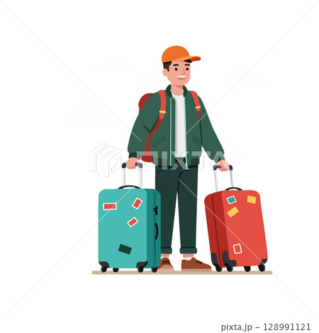 Young man traveler with orange and teal suitcases and backpack standing smiling Young man traveler with orange and teal suitcases and backpack standing smiling 128991121