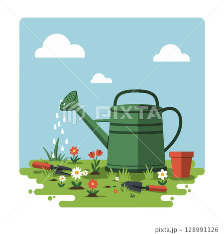Green watering can with gardening tools and blooming flowers in sunny garden scene vector illustration 128991126