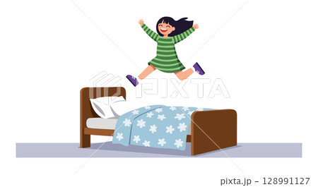 Girl jumping on bed with floral blanket in joyful indoor playtime scene vector illustration 128991127