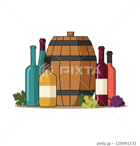 Wine bottles with wooden barrel and grape bunches vector illustration natural colors 128991131