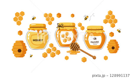 Honey Jars with Bees and Honeycomb Vector Illustration in Yellow and Orange Colors 128991137