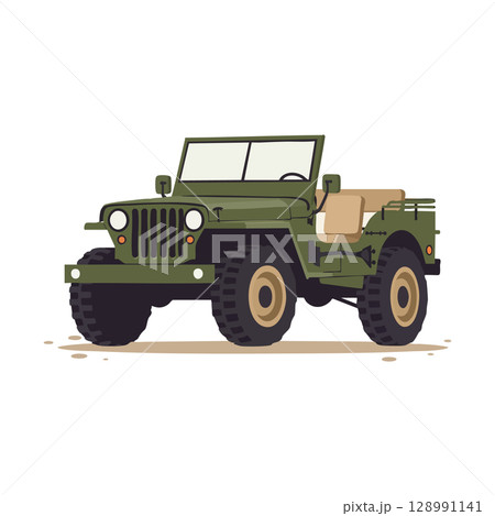 Military green vintage offroad jeep vehicle illustration with beige seats and large tires vector 128991141