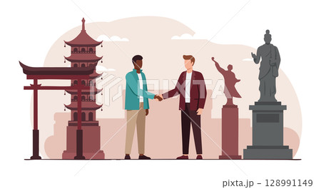 Diverse Businessmen Handshake Near Asian Statues and Pagoda Vector Illustration Diverse Businessmen Handshake Near Asian Statues and Pagoda Vector Illustration 128991149