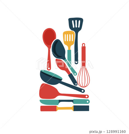 Cooking utensils collection with spatulas frying pans and whisk in flat vector style 128991160