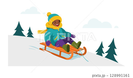 Child sledding downhill in winter snow wearing teal coat and yellow hat vector illustration 128991161