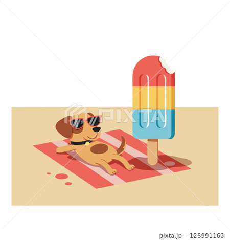 Dog Relaxing on Beach Towel with Sunglasses and Large Popsicle Vector Illustration Dog Relaxing on Beach Towel with Sunglasses and Large Popsicle Vector Illustration 128991163