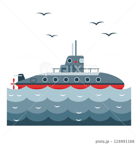 Submarine sailing in ocean waves with birds flying above vector illustration 128991166