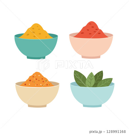 Four Bowls with Various Spices and Herbs in Flat Vector Illustration Style 128991168