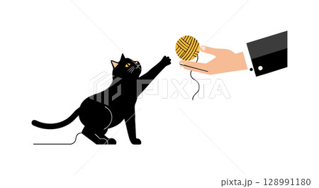 Black Cat Playing with Yarn Ball Held by Hand Vector Illustration Black Cat Playing with Yarn Ball Held by Hand Vector Illustration 128991180