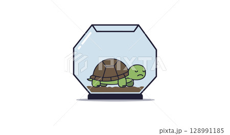 Turtle inside transparent fishbowl with brown shell and green body vector illustration 128991185
