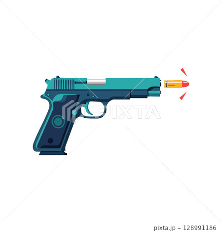 Semi automatic handgun firing bullet vector illustration with teal and dark blue colors 128991186