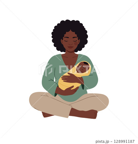 Mother Holding Newborn Baby Wrapped in Yellow Blanket Sitting Cross Legged Calmly Mother Holding Newborn Baby Wrapped in Yellow Blanket Sitting Cross Legged Calmly 128991187