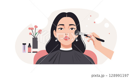 Woman Having Makeup Applied with Brush in Beauty Salon Vector Illustration 128991197