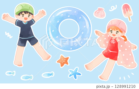 水着を着た楽しそうな子供たちのイラストセット　白フチあり 128991210