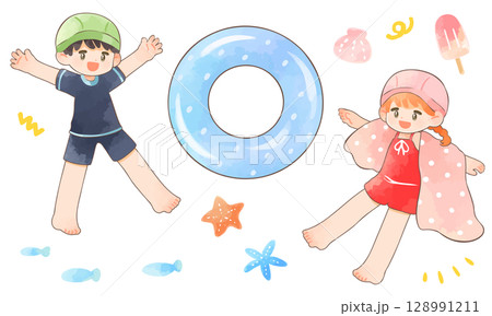 水着を着た楽しそうな子供たちのイラストセット 水着を着た楽しそうな子供たちのイラストセット 128991211