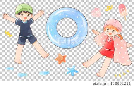 一組穿著泳衣的快樂兒童插畫 一組穿著泳衣的快樂兒童插畫 128991211