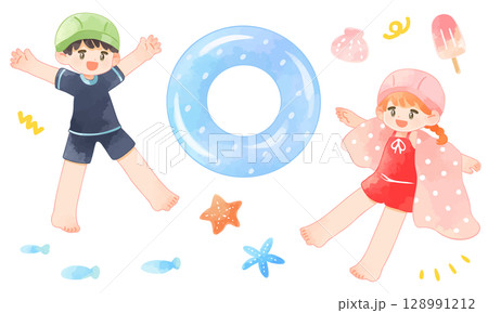 水着を着た楽しそうな子供たちのイラストセット 128991212