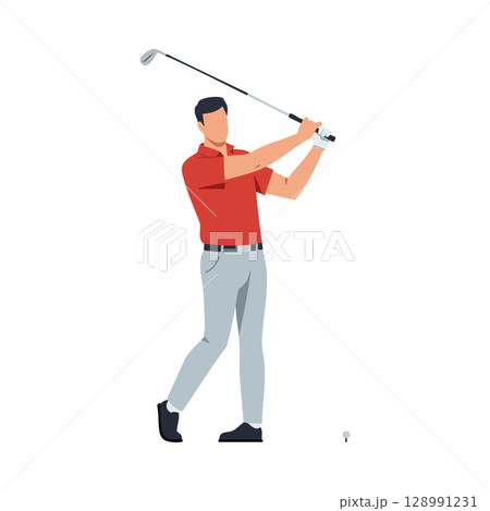 Male Golfer Wearing Red Shirt and Grey Pants Swinging Golf Club Vector Illustration 128991231