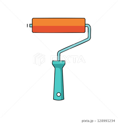Paint roller tool with orange roller and blue handle for painting walls and surfaces vector illustration Paint roller tool with orange roller and blue handle for painting walls and surfaces vector illustration 128991234