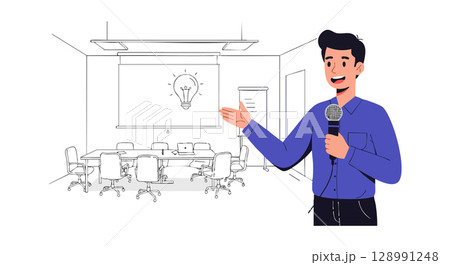 Man giving presentation with microphone in modern office meeting room vector illustration Man giving presentation with microphone in modern office meeting room vector illustration 128991248