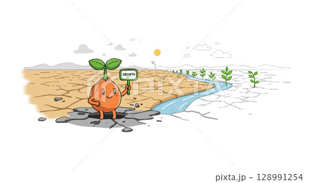 Sprout character standing on cracked dry soil showing growth sign near river vector illustration Sprout character standing on cracked dry soil showing growth sign near river vector illustration 128991254