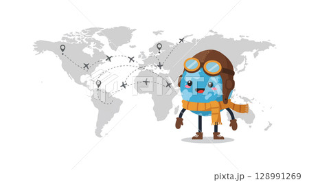 Cute blue globe character with aviator hat and scarf on world map travel concept 128991269