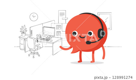 Cute orange customer support mascot with headset in office environment vector illustration 128991274