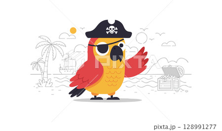Pirate parrot cartoon character with hat and eyepatch on tropical island vector illustration Pirate parrot cartoon character with hat and eyepatch on tropical island vector illustration 128991277
