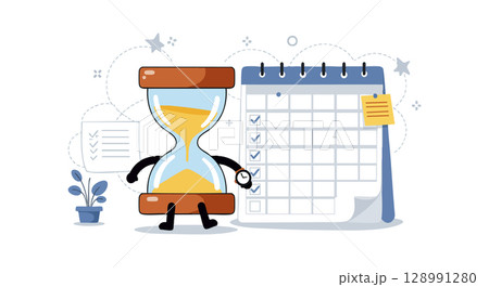 Hourglass character with checklist calendar and time management concept vector illustration 128991280